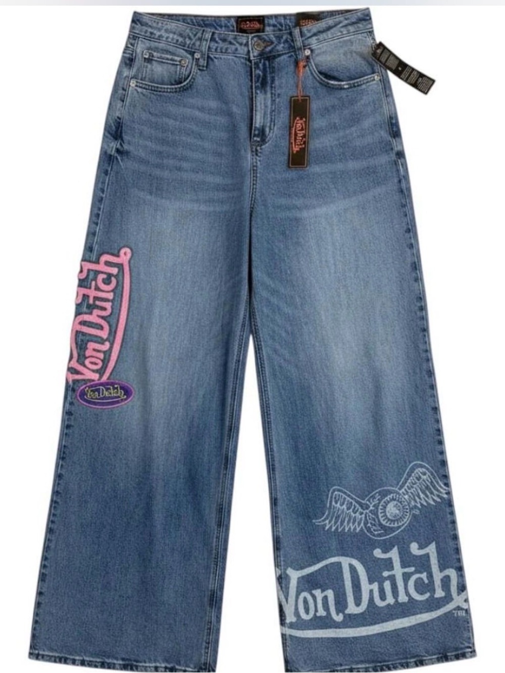 NWT VON Dutch Women's Wide Leg Embroidered Jeans - Light Blue with Pink Logo